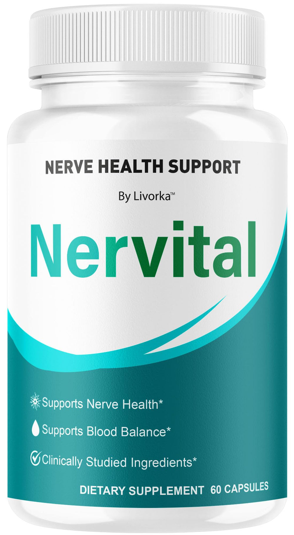 LIVORKA Nervital capsules bottle front, signaling premium nerve health support.