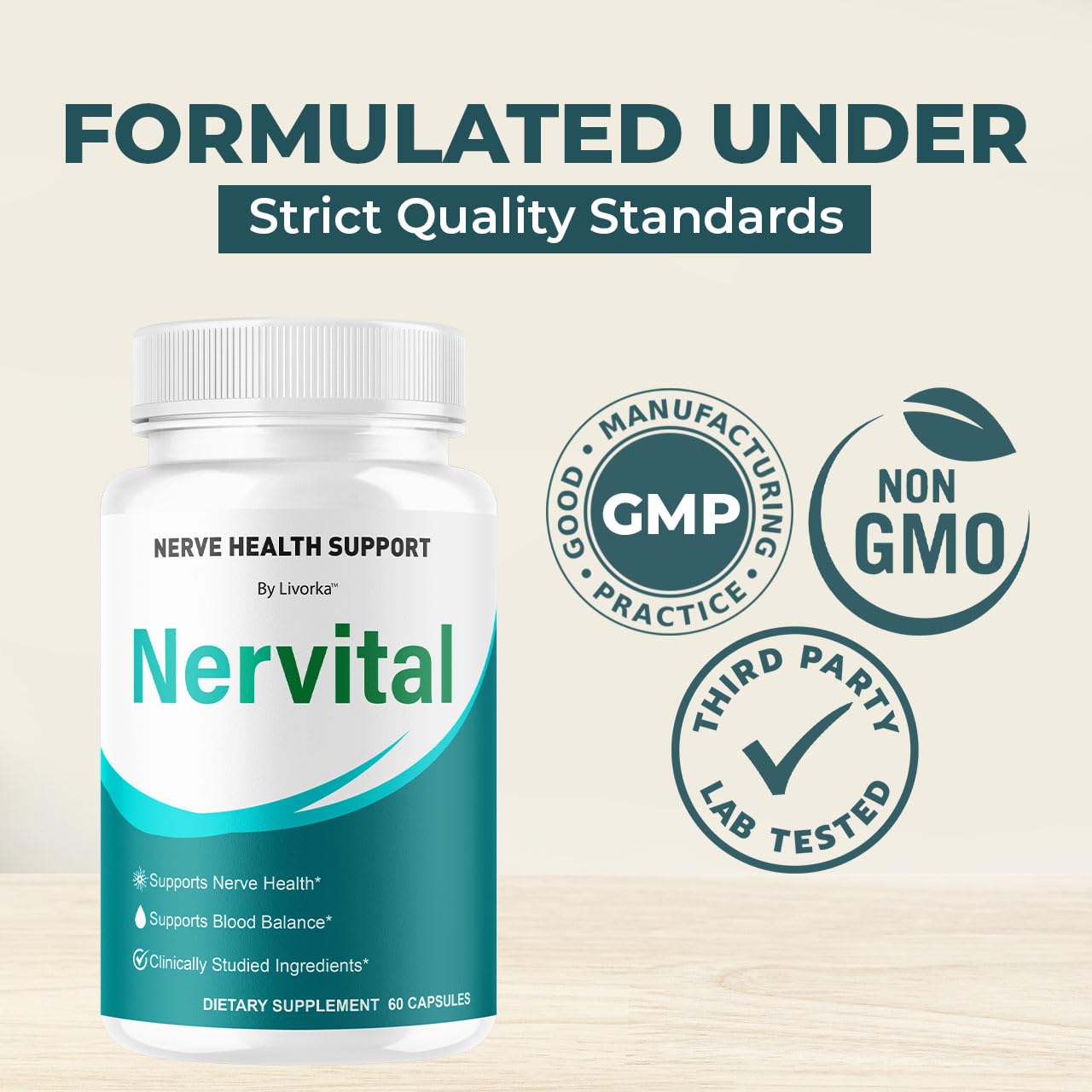 LIVORKA Nervital bottle with glass suggests an easy daily wellness ritual.