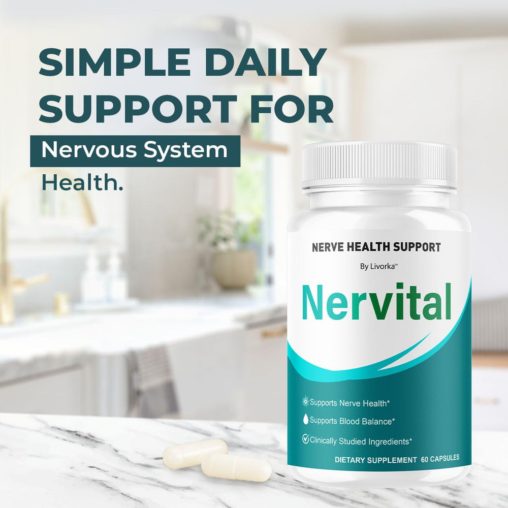 LIVORKA Nervital daily-dose scene depicts taking capsules with water as part of a routine.
