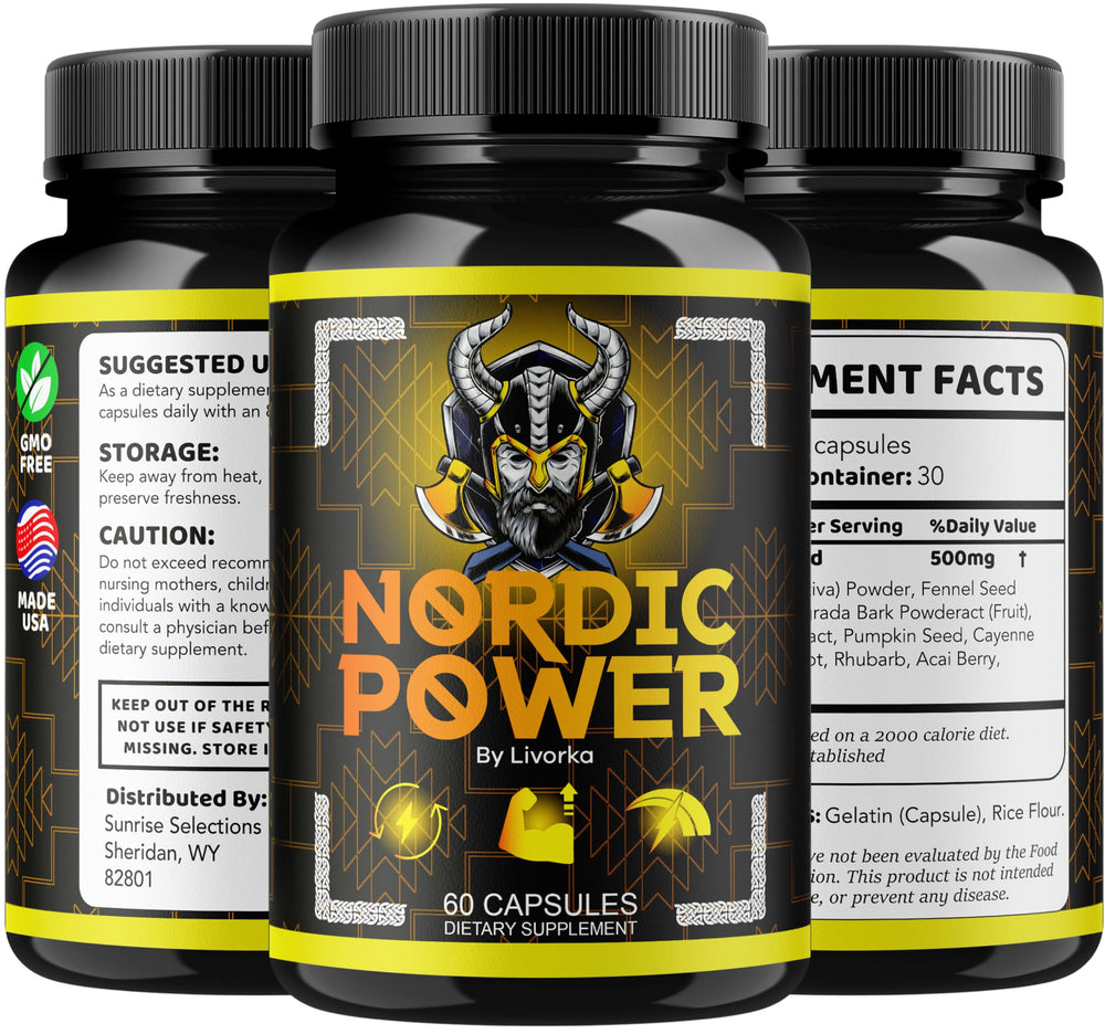 LIVORKA Nordic Power lifestyle scene with an active man taking capsules.