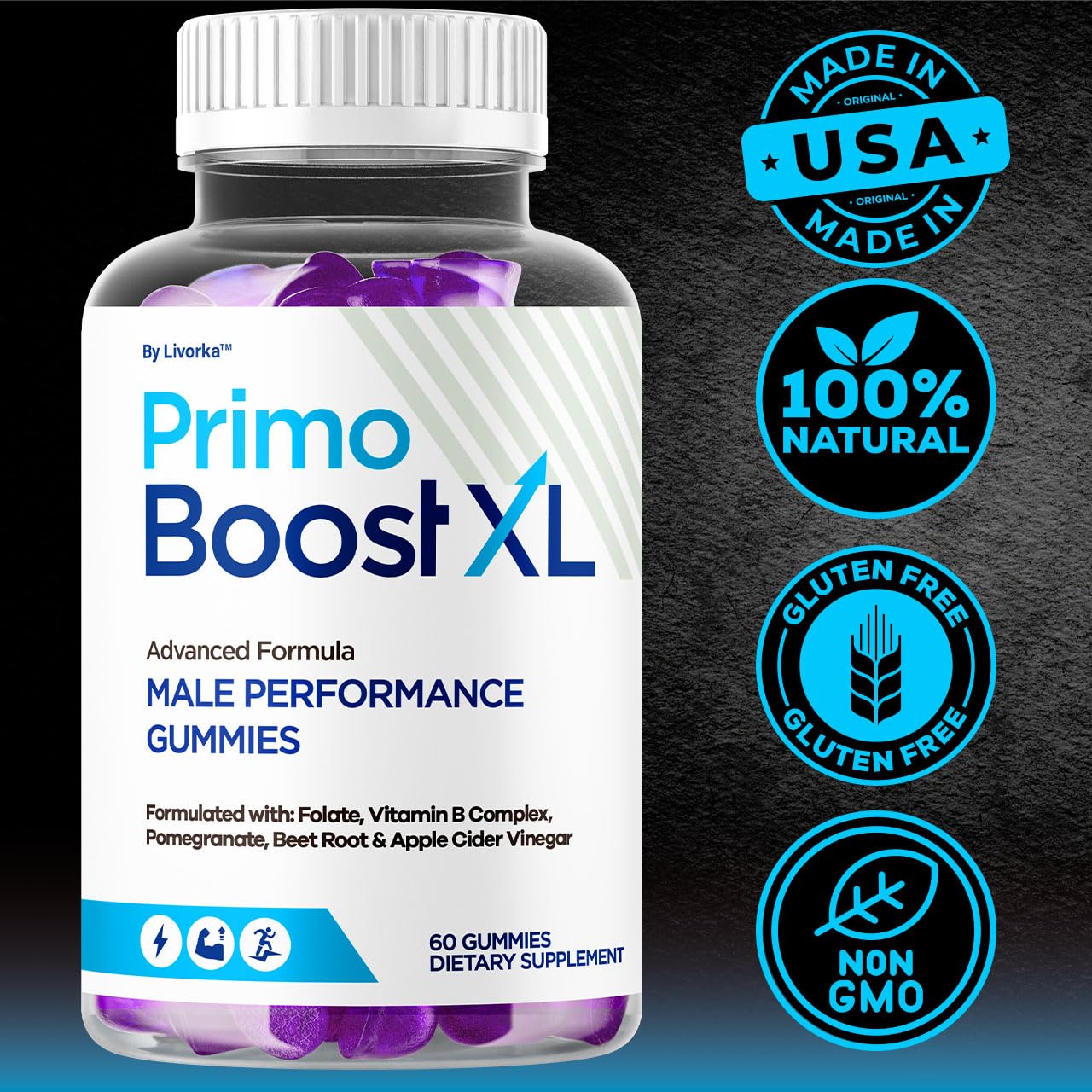 Pour shot of LIVORKA Primo Boost XL gummies.