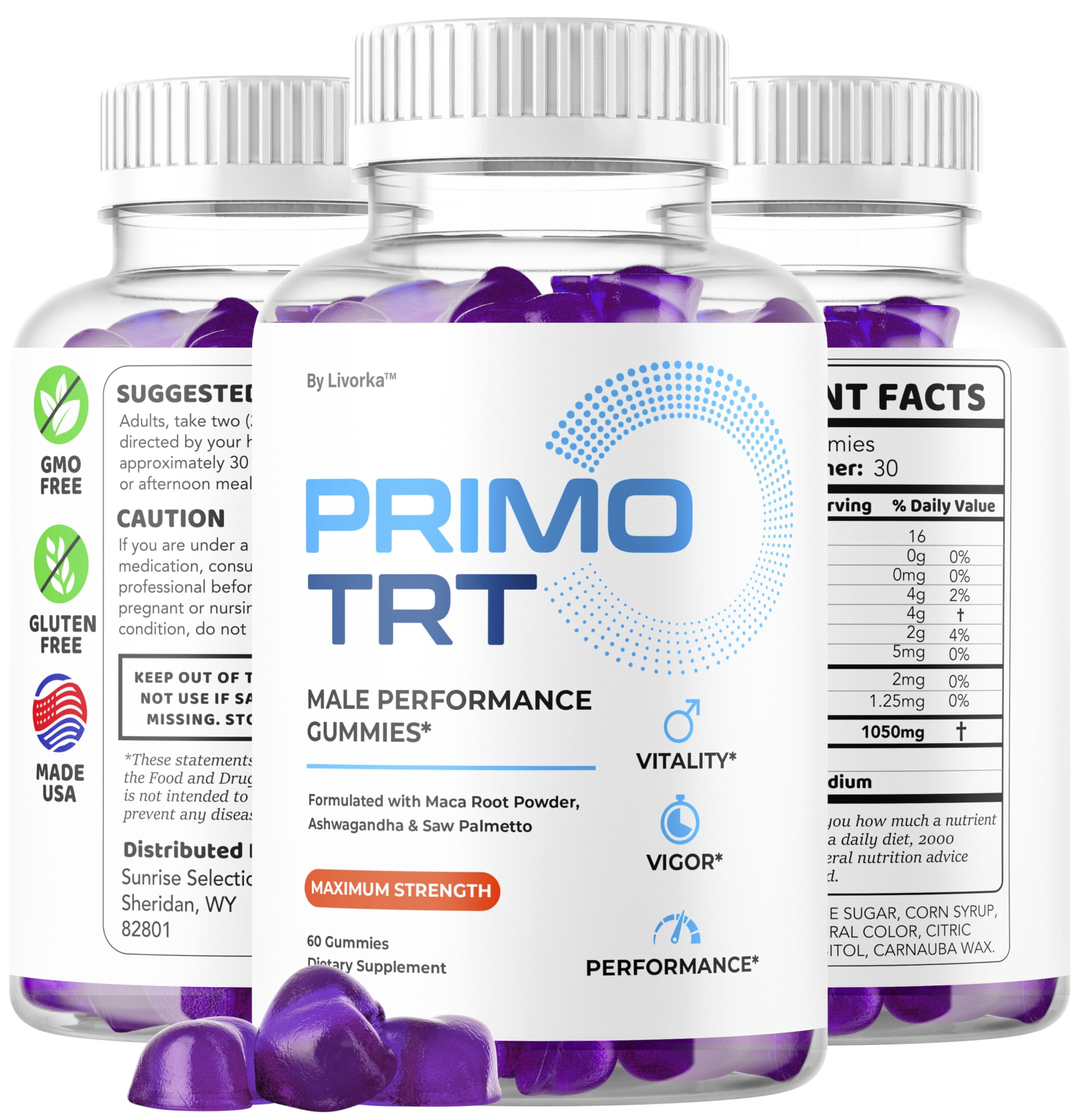 Bottle top of LIVORKA Primo TRT Gummies opens for quick servings.