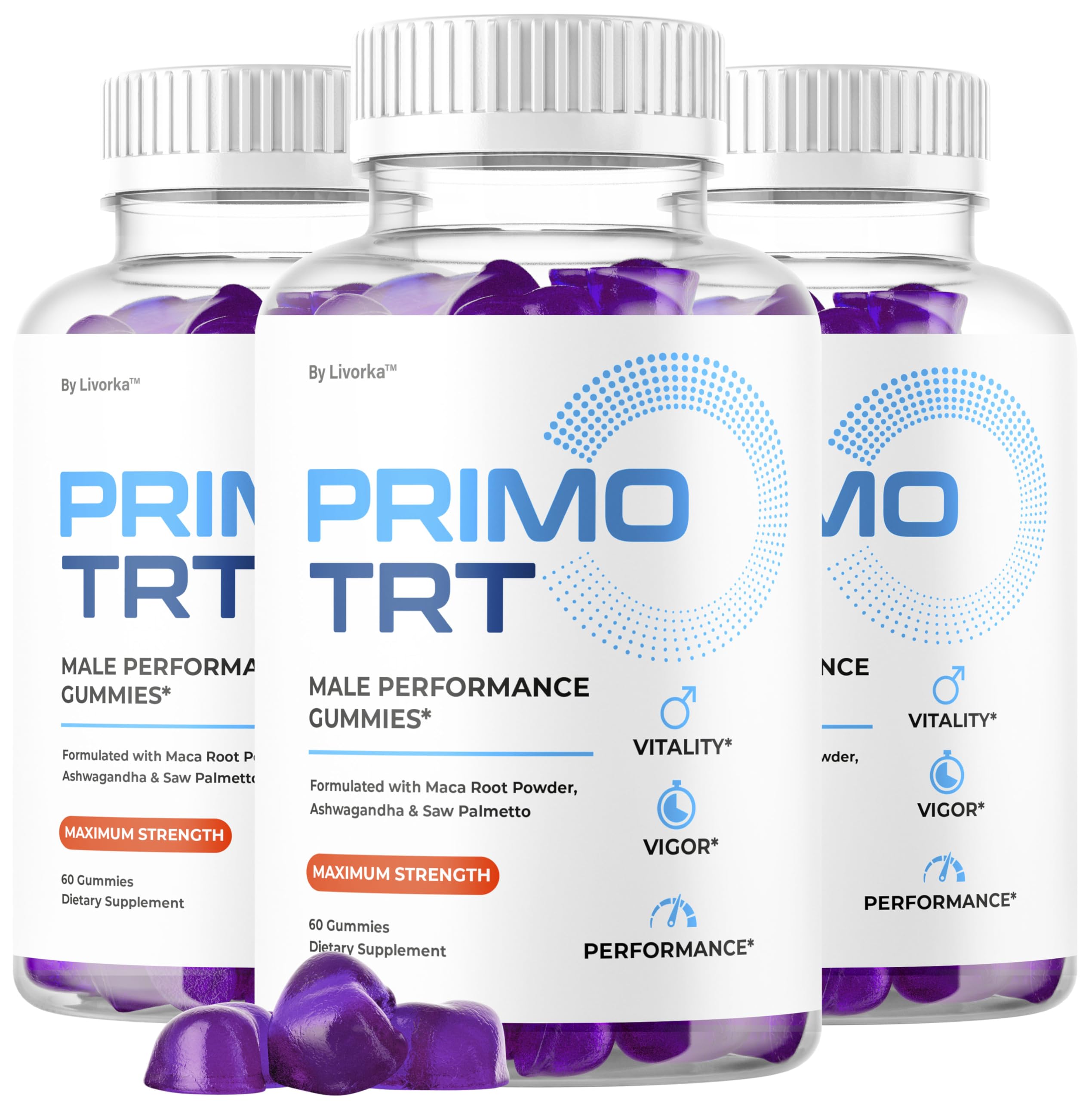 LIVORKA Primo TRT Gummies bottle shows convenient daily energy support.