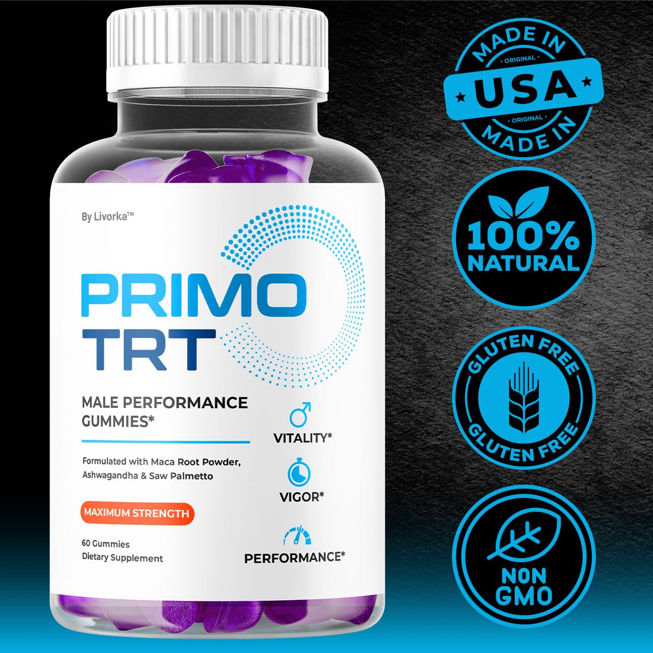 Multicolor LIVORKA Primo TRT Gummies invite daily wellness rituals.