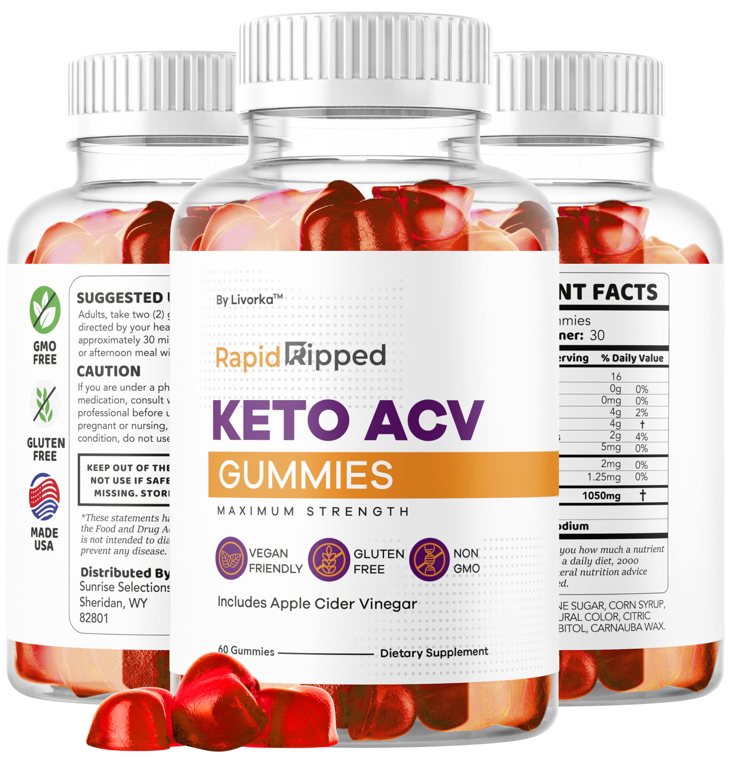 LIVORKA Rapid Ripped Keto ACV Gummies ingredient panel highlights natural formula.