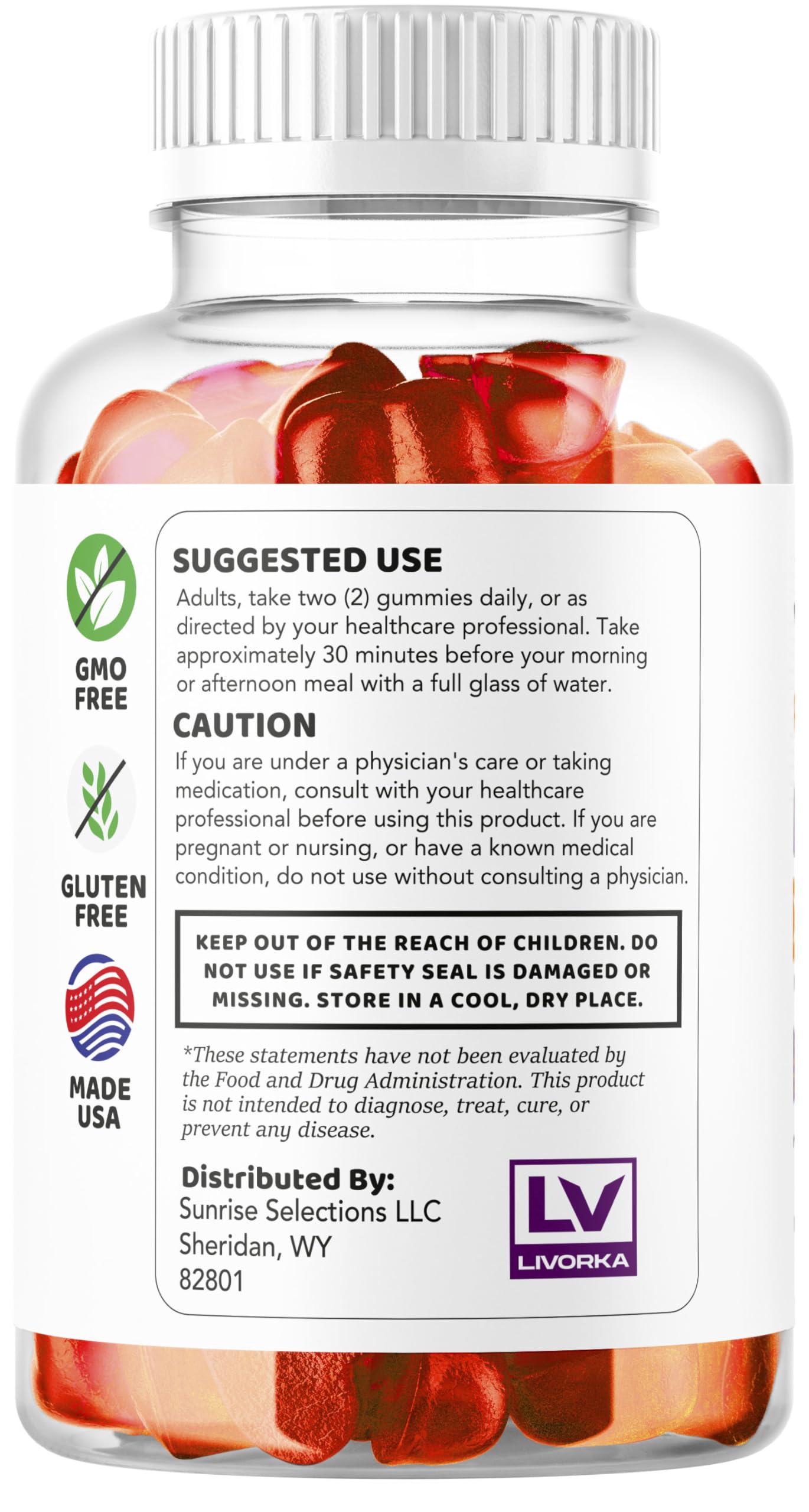 LIVORKA Rapid Ripped Keto ACV Gummies packaging back lists dosage and serving.