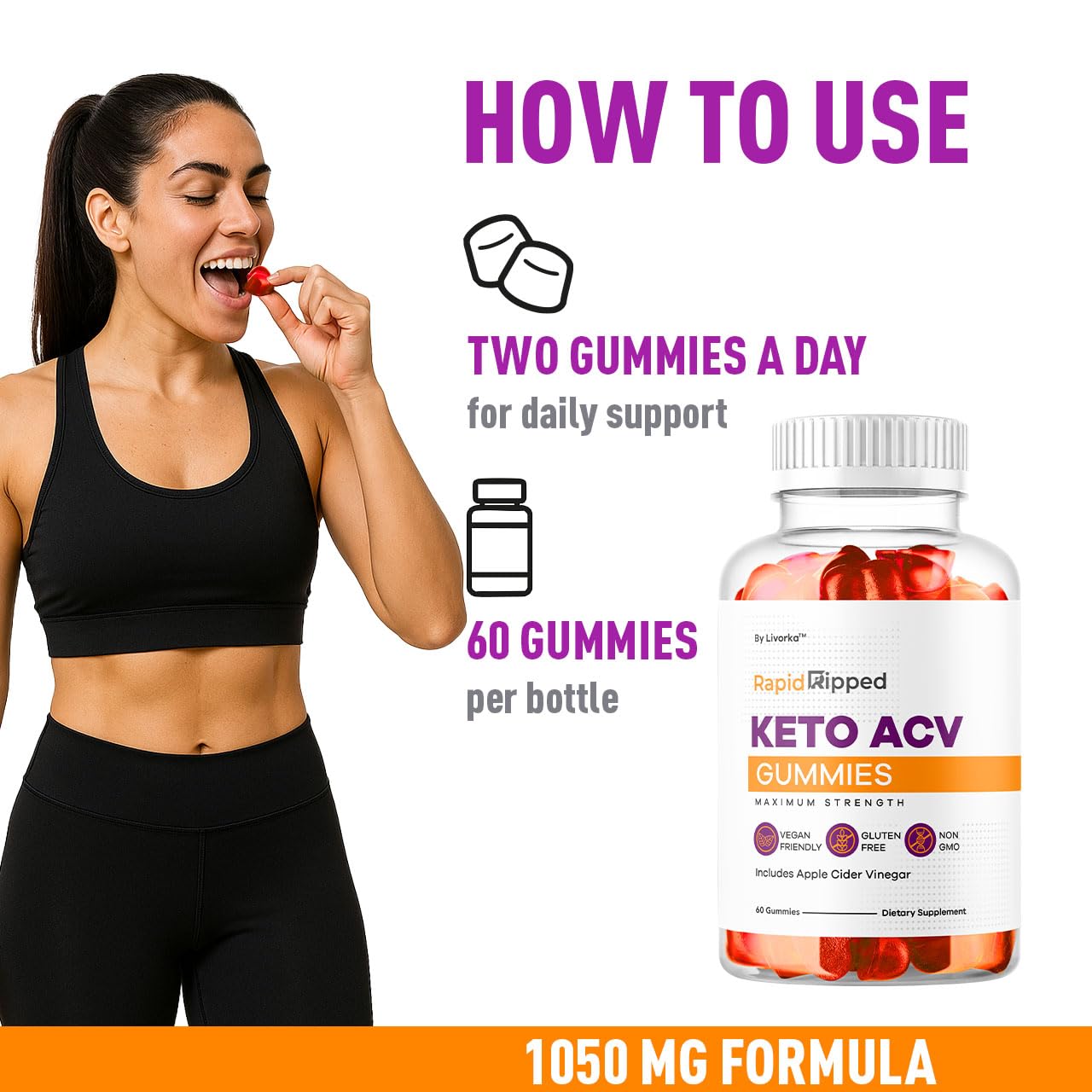 LIVORKA Rapid Ripped Keto ACV Gummies packaging front communicates convenience.
