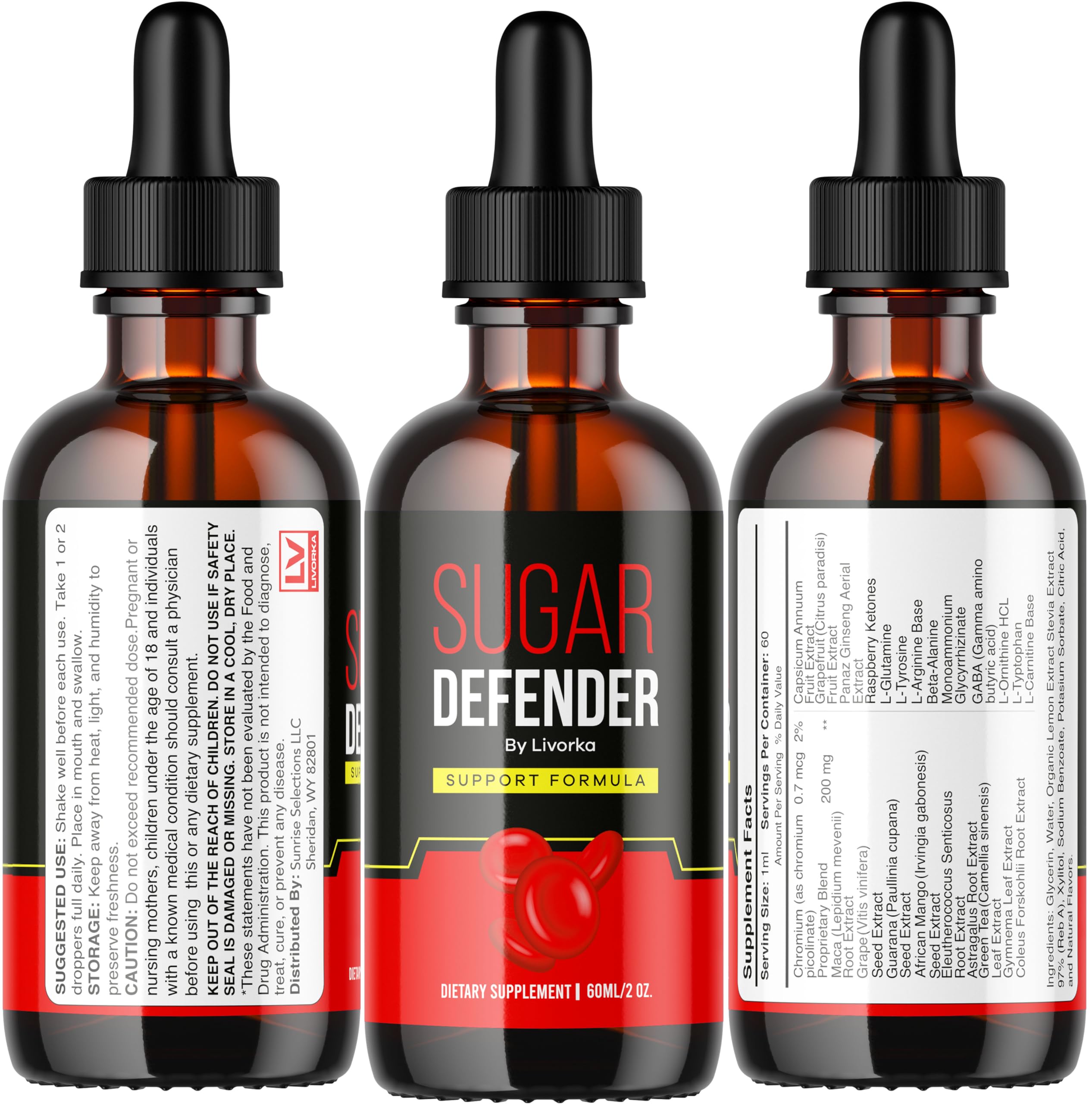 LIVORKA Sugar Defender Drops pack displayed with multiple bottles for value.