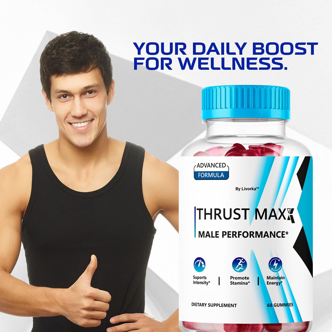 Ingredients label visible on LIVORKA Thrust Maxx bottle