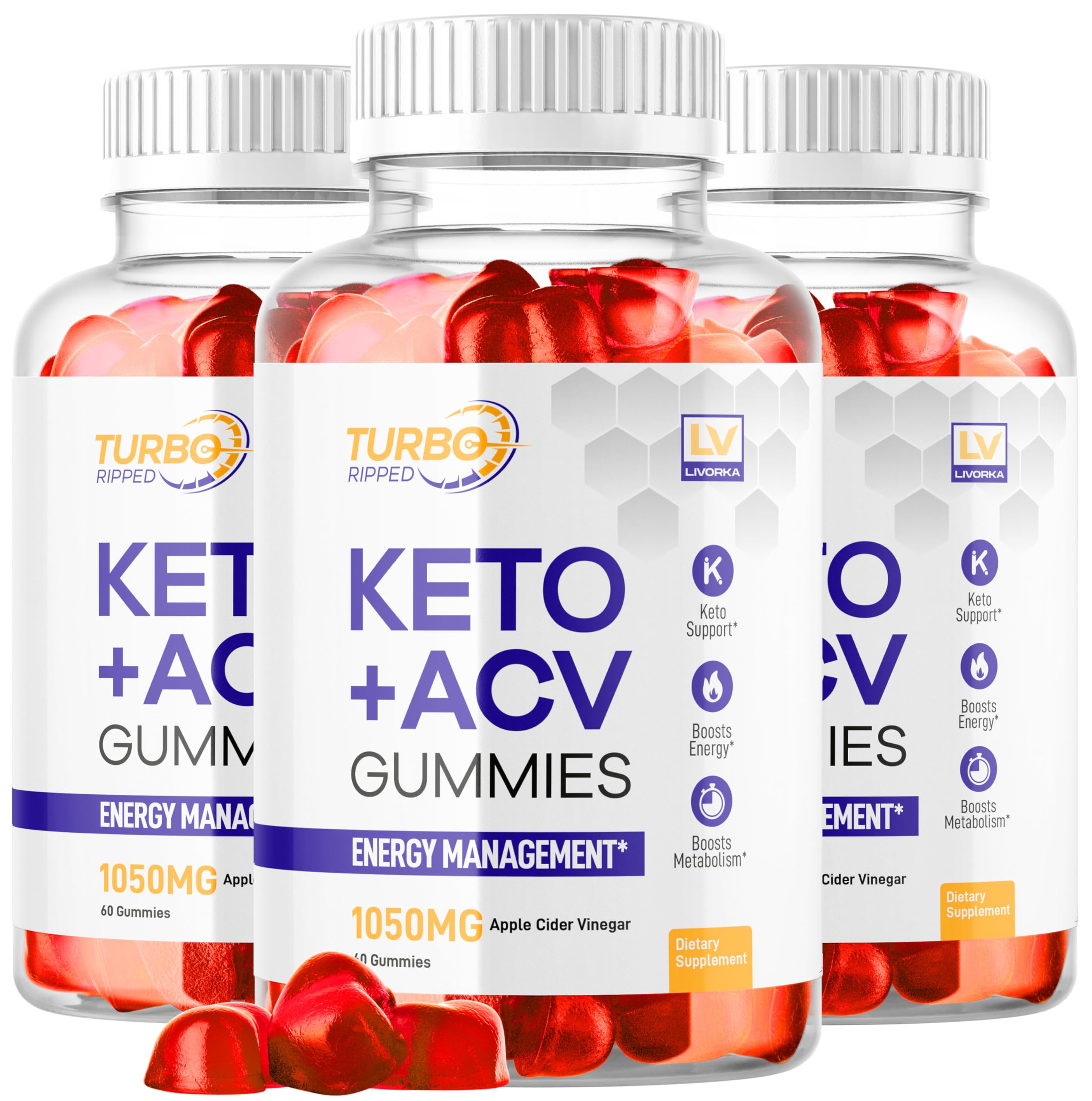 LIVORKA Turbo Ripped Keto ACV Gummies bottle front for on-the-go keto support.