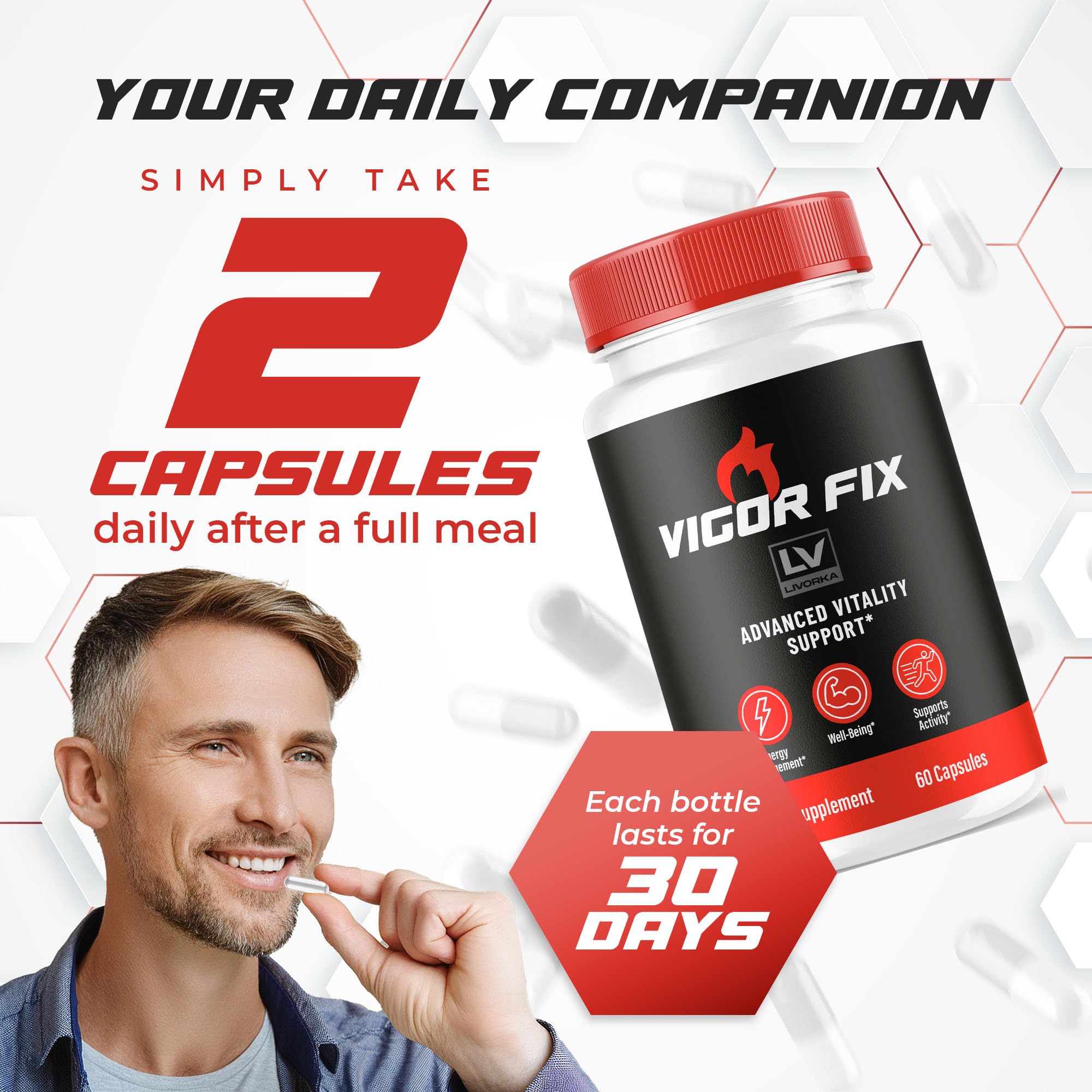 LIVORKA Vigor Fix advanced formula label highlighting key ingredients.