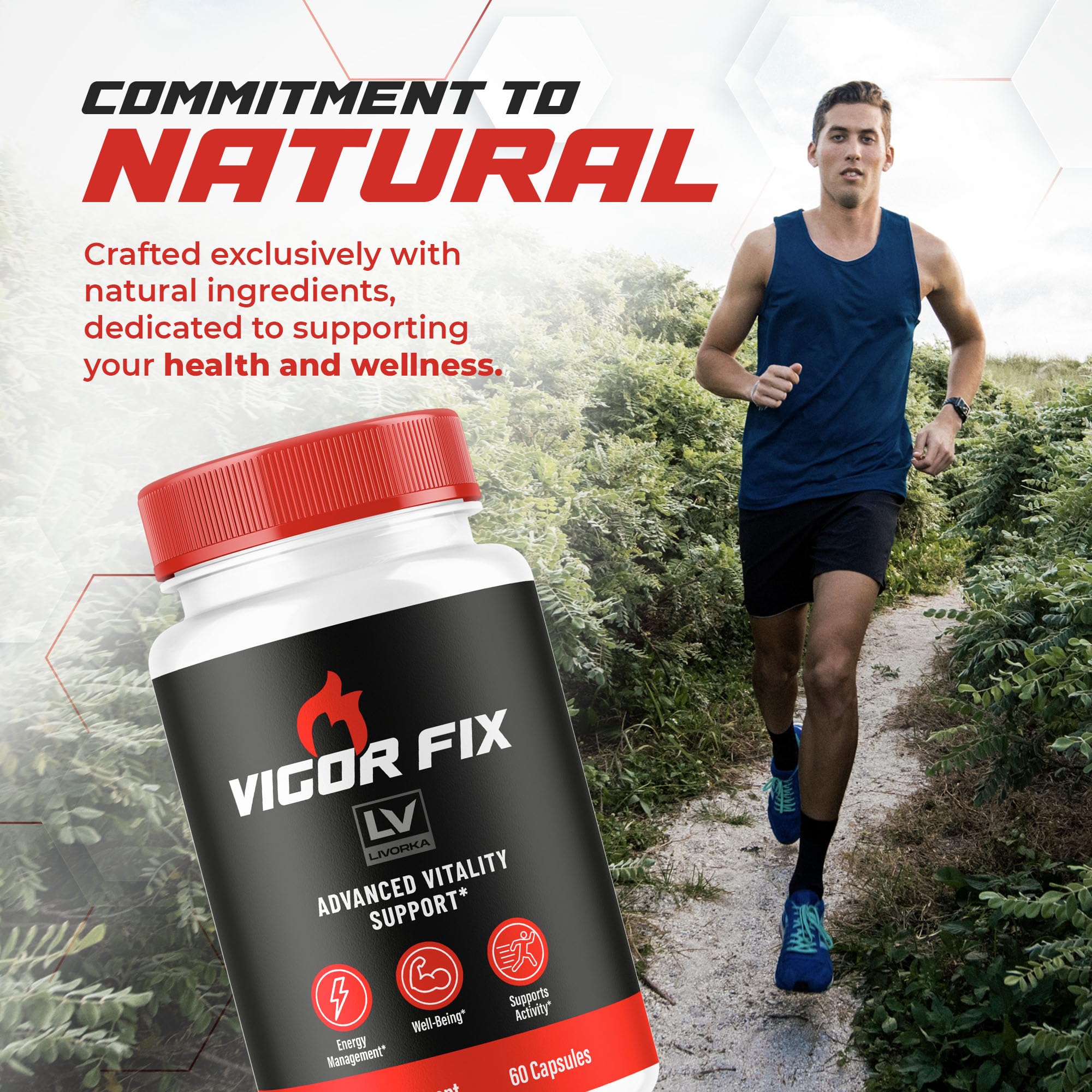 LIVORKA Vigor Fix vitamin blend bottle highlights essential nutrients.