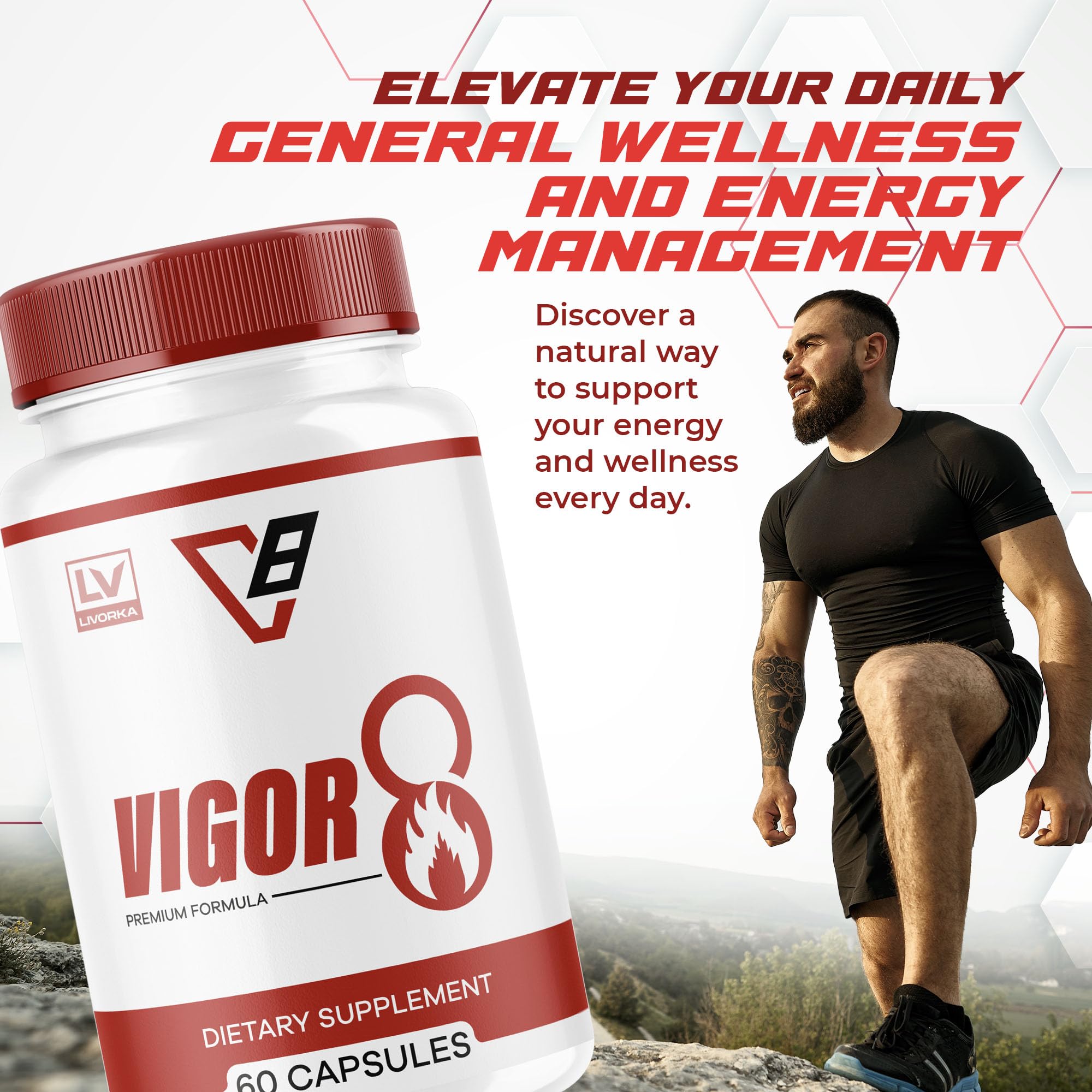 LIVORKA Vigor 8 capsules close-up, showcasing smooth coating for easy swallowing.