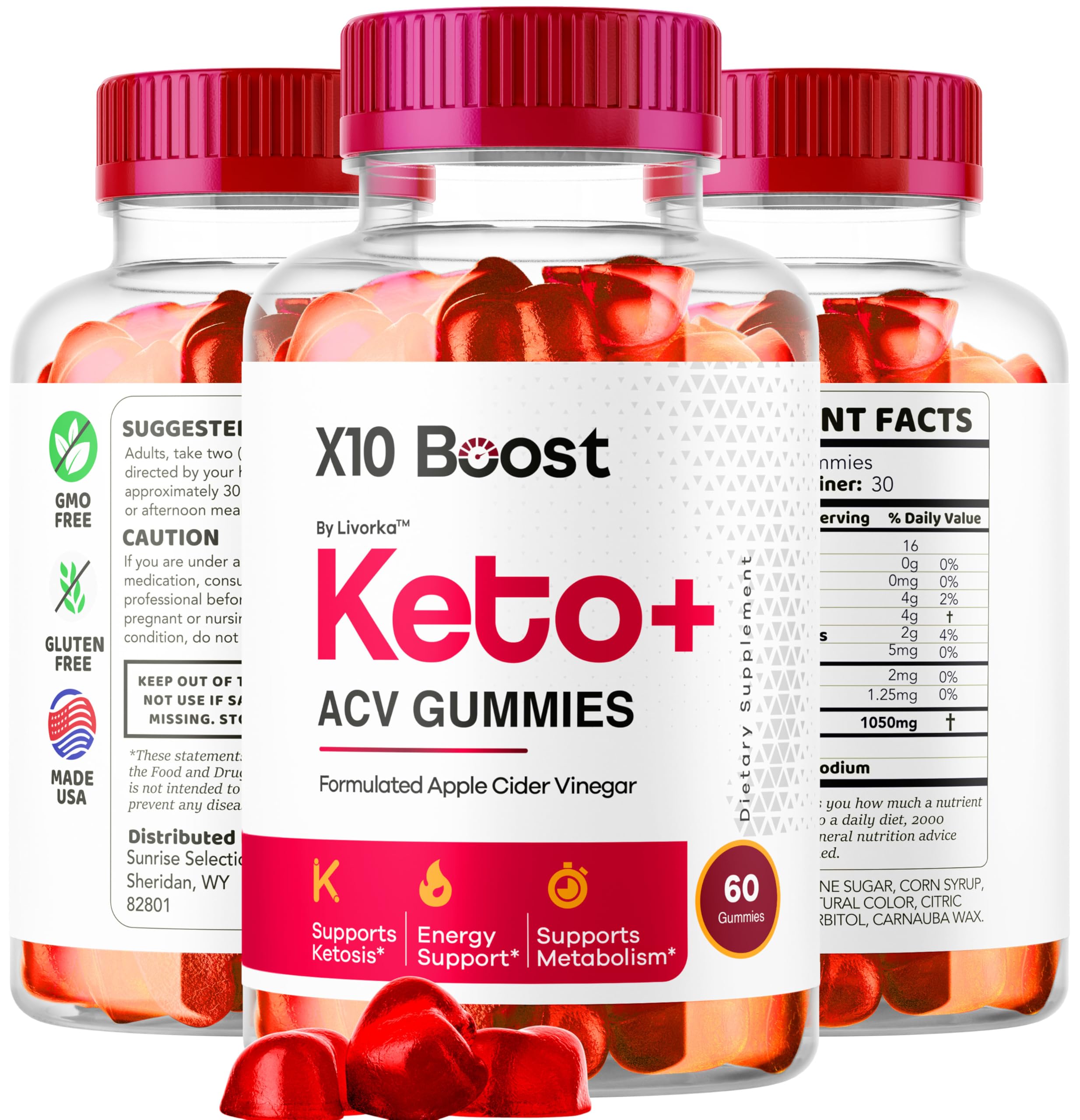Glistening LIVORKA X10 Boost Keto ACV gummies in a sealed foil pack