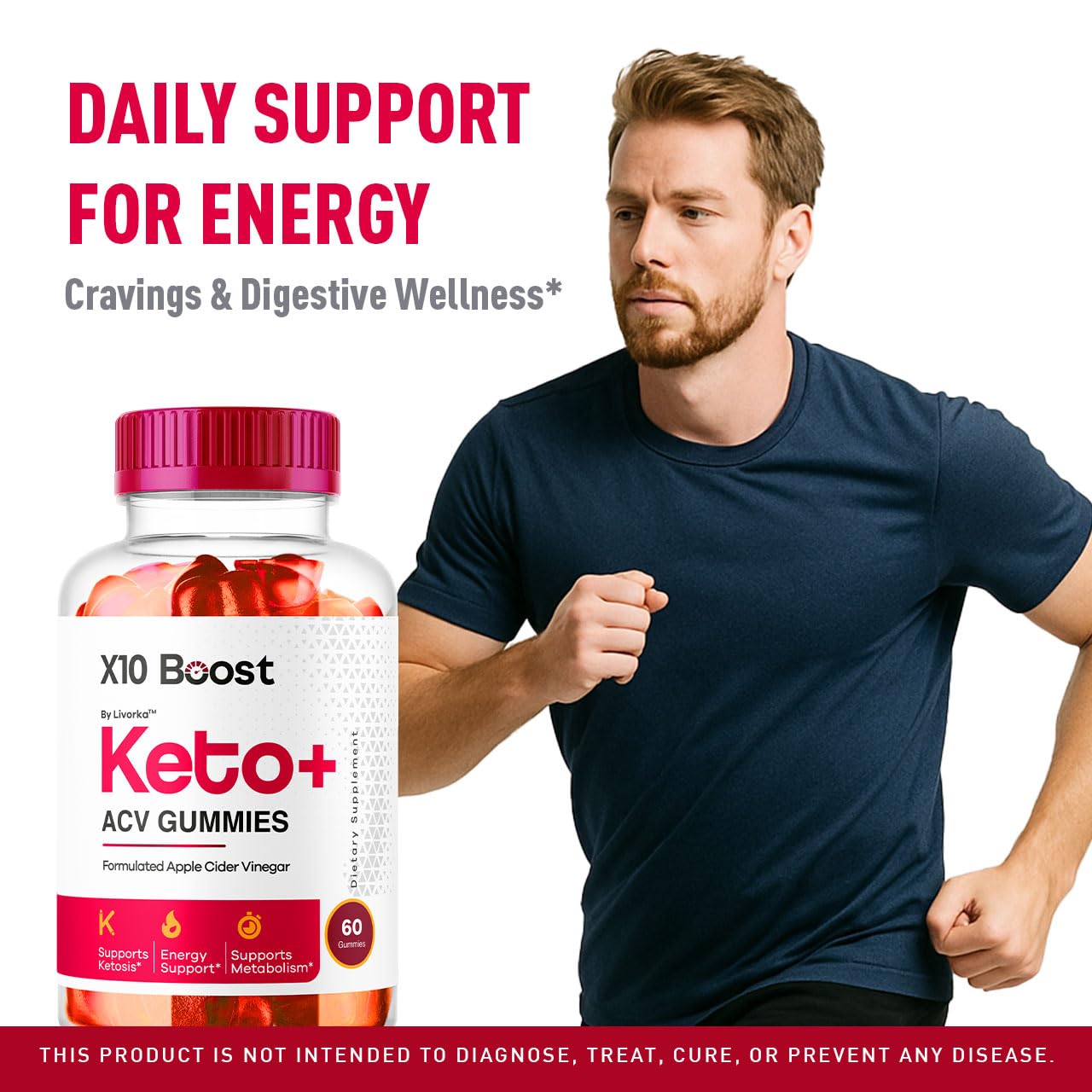 Close-up of LIVORKA X10 Boost Keto Plus ACV gummies ingredients, natural blend.