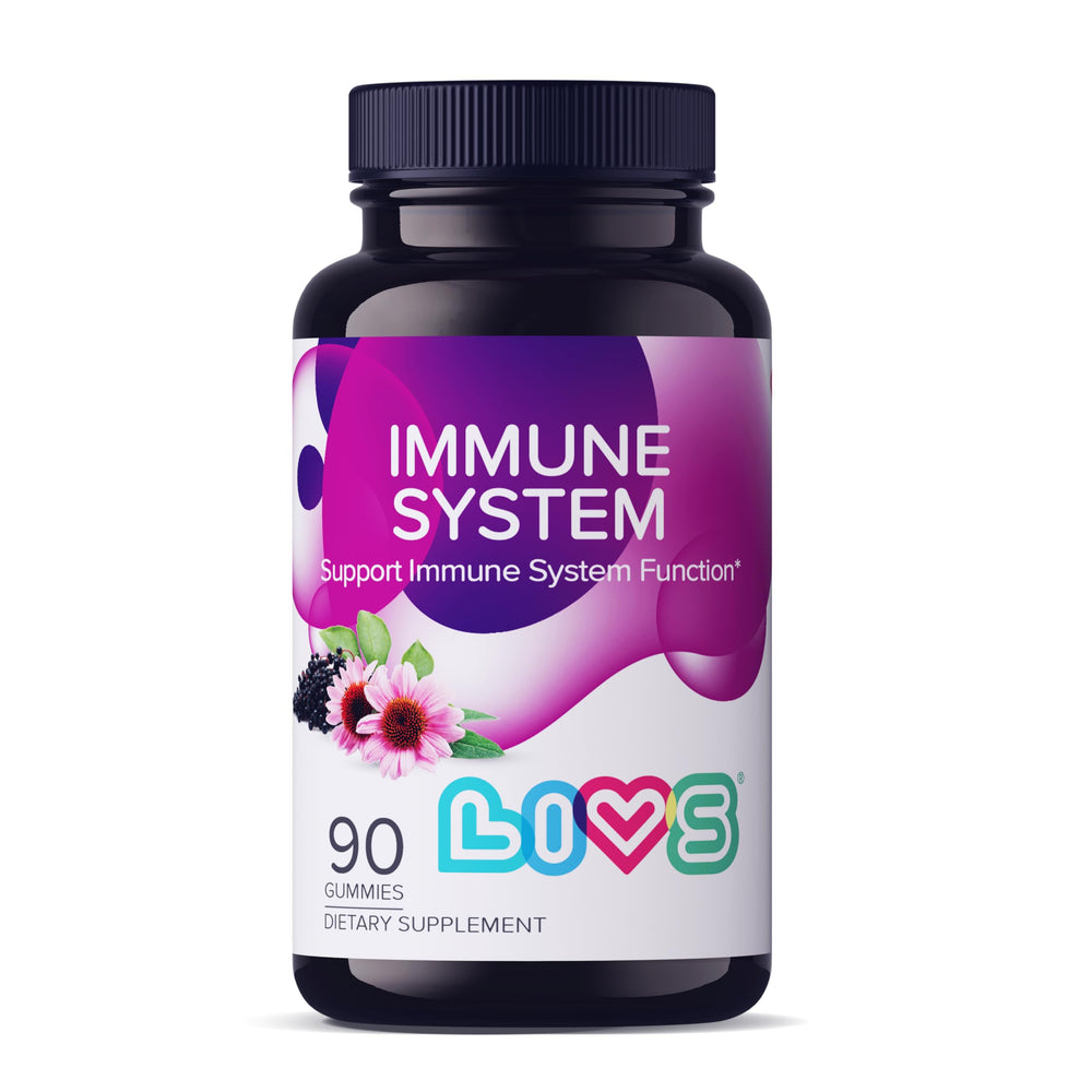 LIVS immune system elderberry gummies bottle on kitchen counter for daily support.