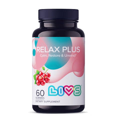 LIVS Relax Plus Gummies bottle front with red berry flavor for daily calm