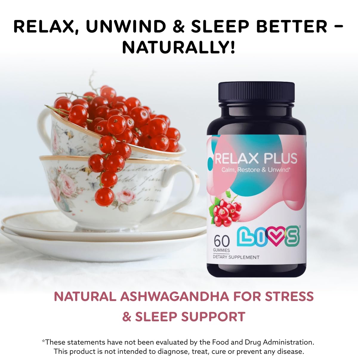 Ingredient scene shows ashwagandha and lemon balm in LIVS Relax Plus