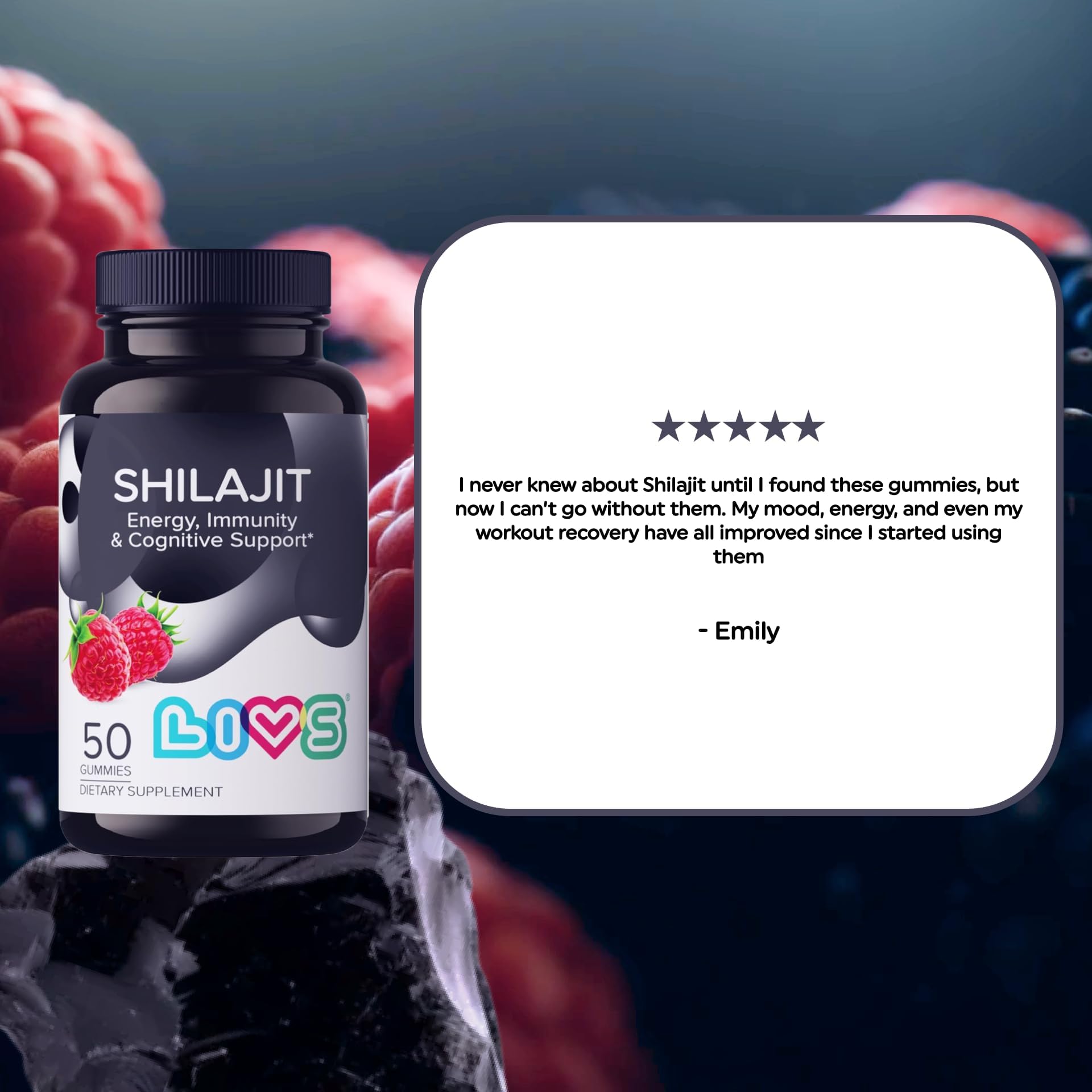 LIVS Shilajit Gummies active-day-use label emphasizes endurance.