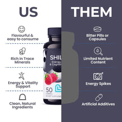 LIVS Shilajit Gummies with Ashwagandha blend promotes focus and balance.