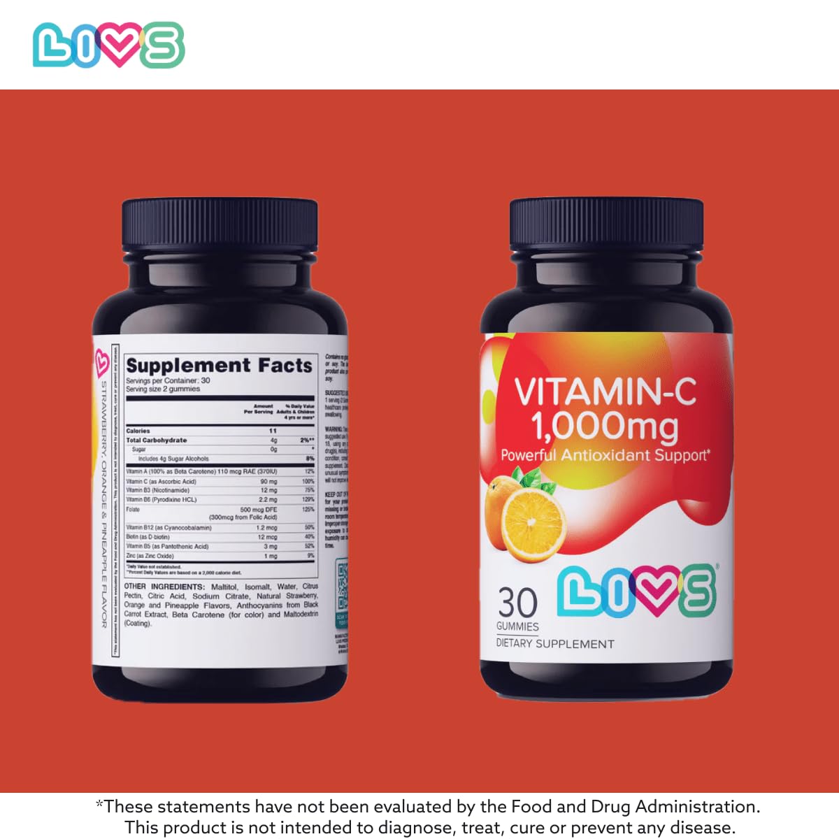 LIVS Vitamin C 1000mg Gummies label highlighting vegan, non-GMO, gluten-free.