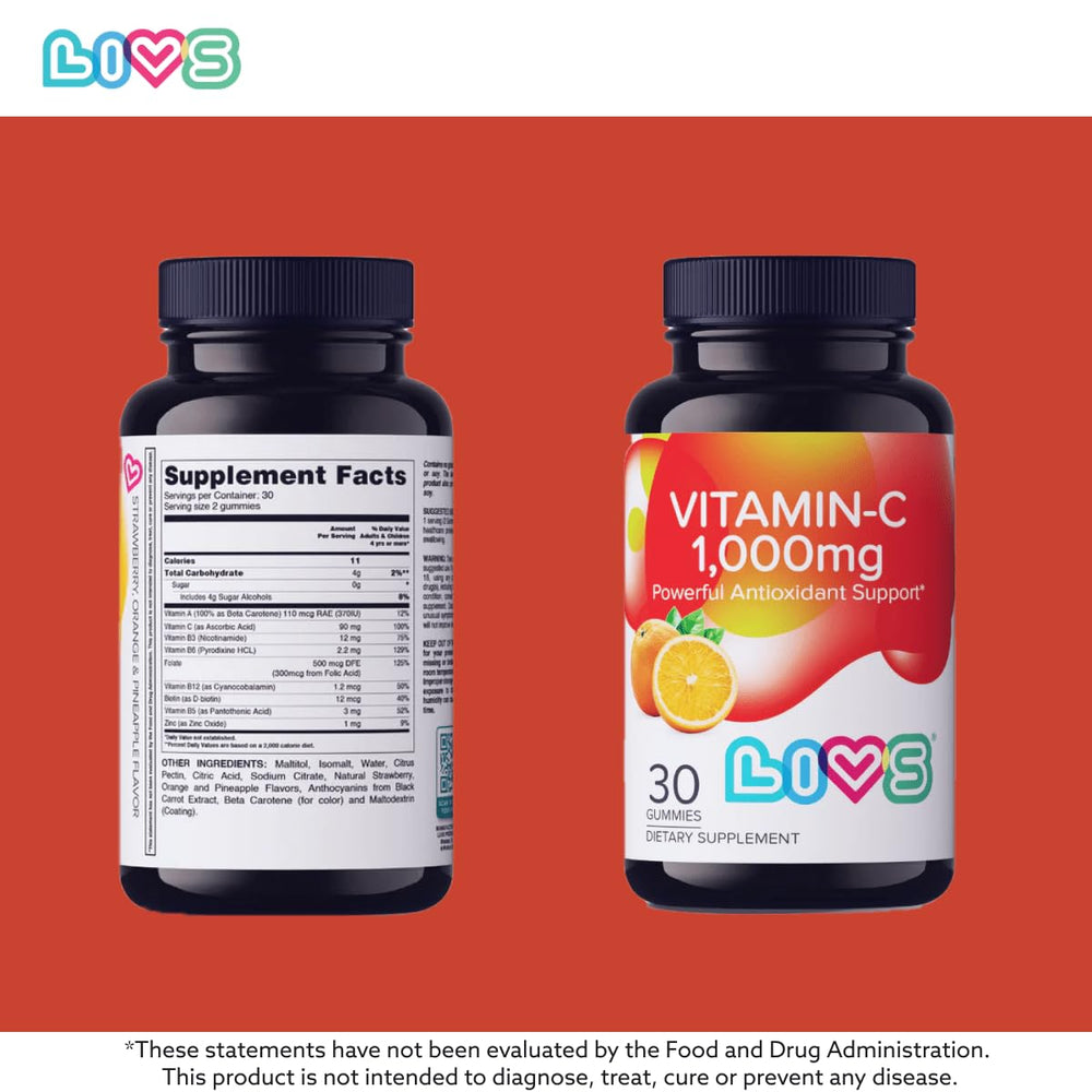 LIVS Vitamin C 1000mg Gummies label highlighting vegan, non-GMO, gluten-free.