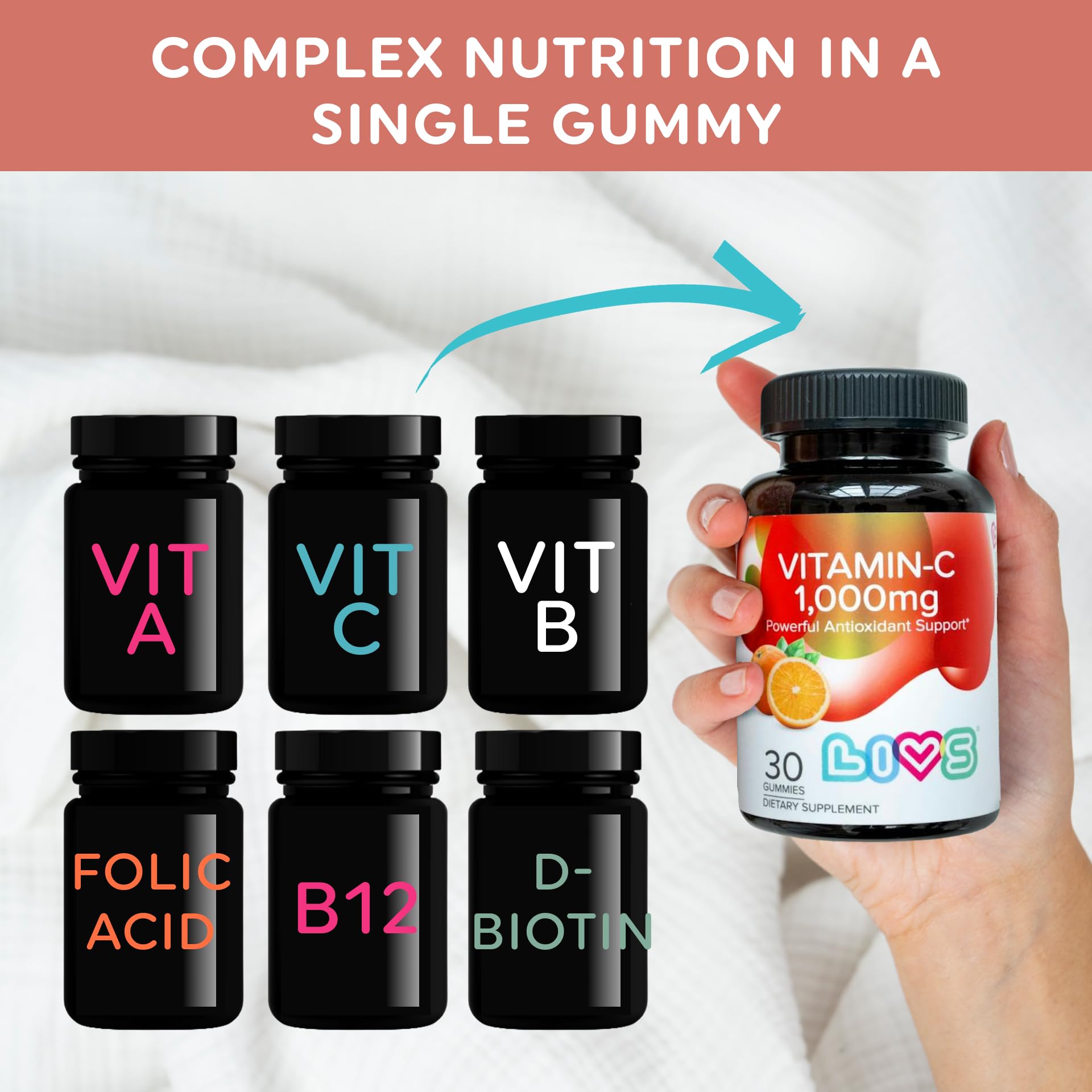 LIVS gummies bottle open, showcasing user-friendly daily supplement.