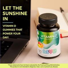 LIVS Vitamin D3 gummies bottle label with dosage and vegan-friendly note