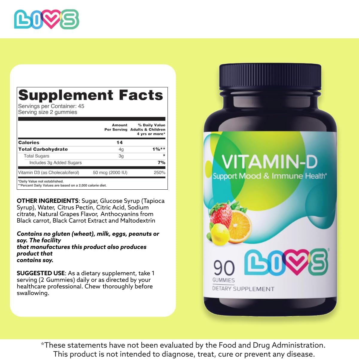 Gummies displaying natural lemon berry and orange flavors for daily vitamin D3