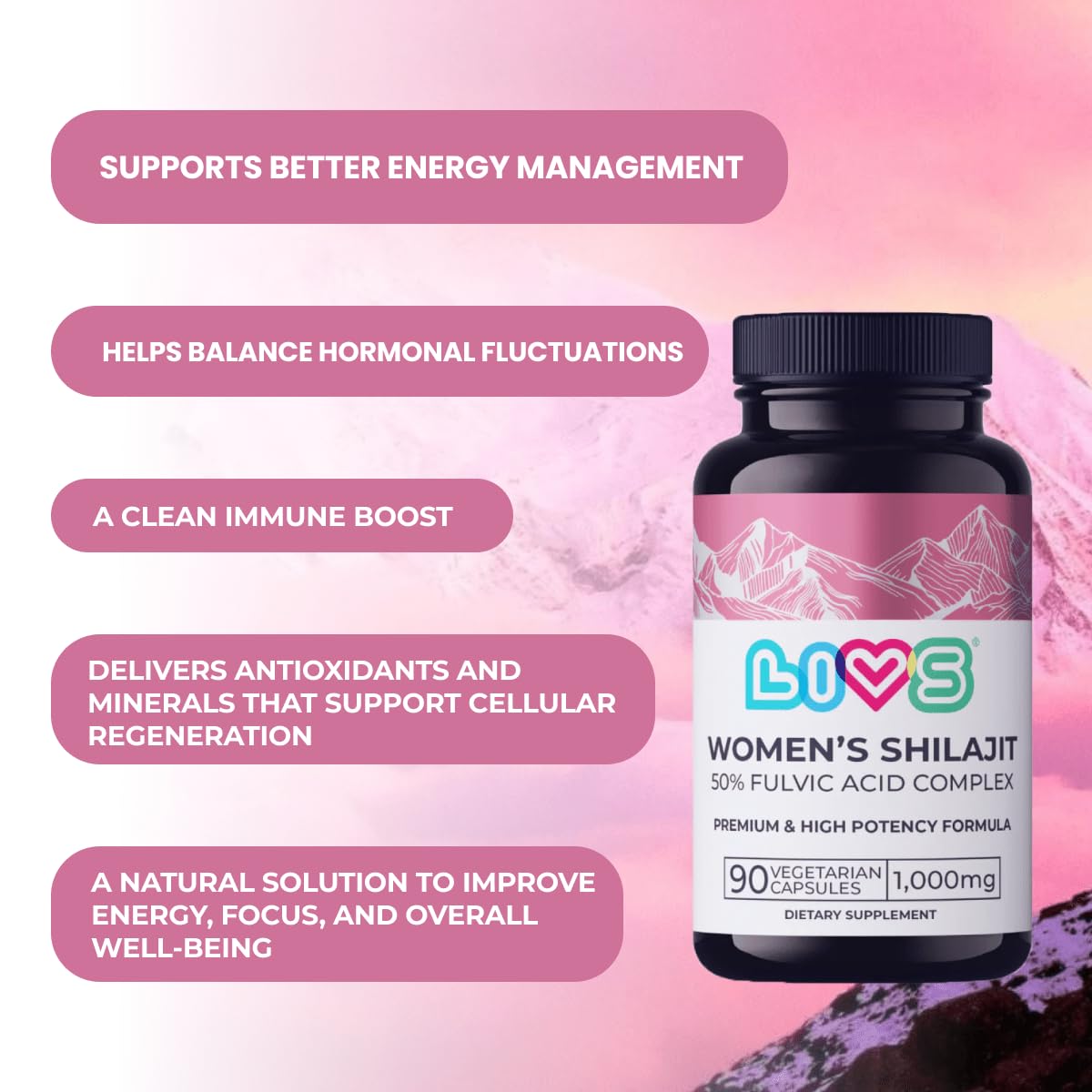LIVS Women's Shilajit Capsules closeup of clean capsule format for daily use.