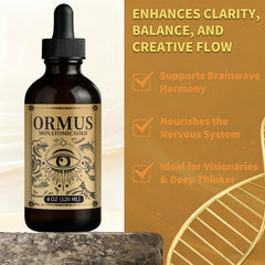 LJOQM Ormus Gold Oil glass bottle closeup emphasizing purity and packaging.