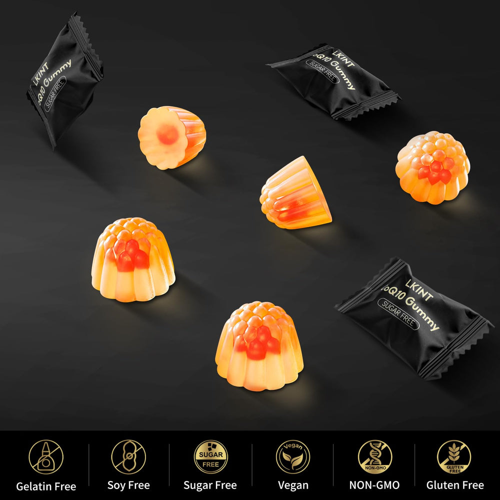 LKINT CoQ10 gummies omega-3 vitamin E icons, antioxidant and immune support visuals.