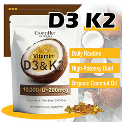 LKYCH CrownHer softgels close-up shows D3 and K2 in coconut oil.