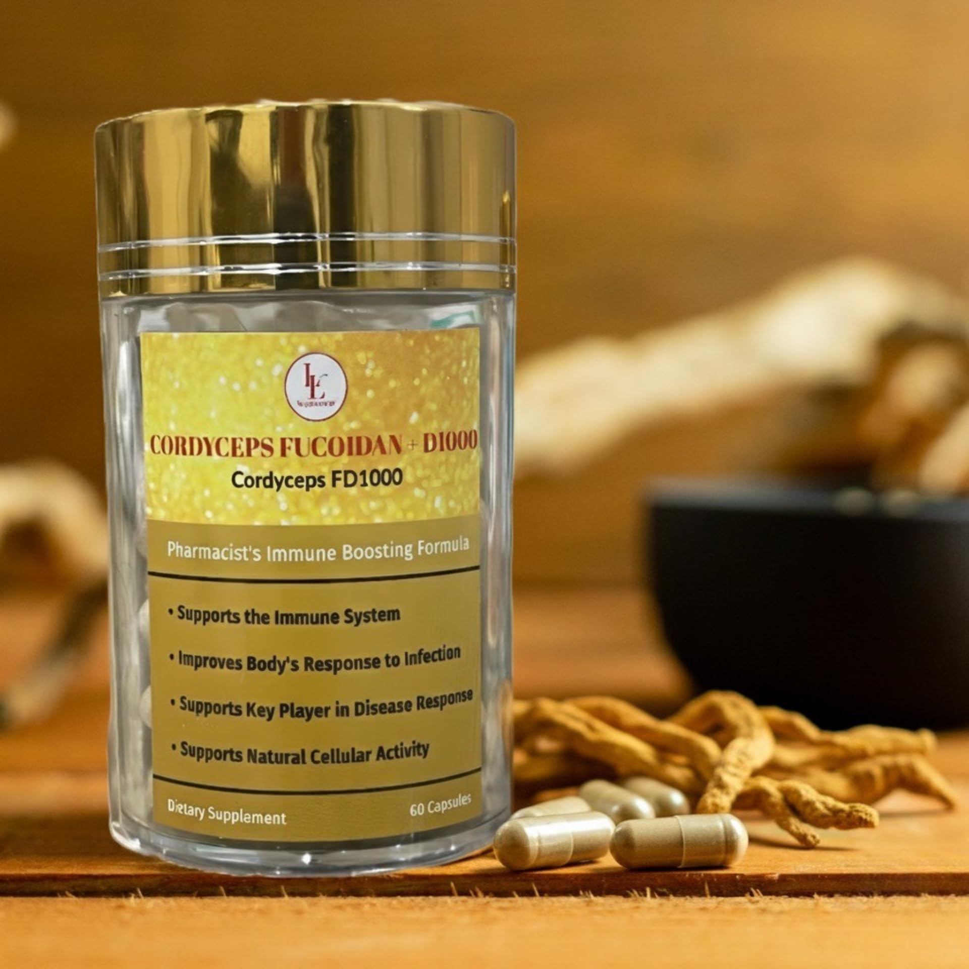LL Supplement Cordyceps FD1000 bottle emphasizing daily immune support with convenient use.