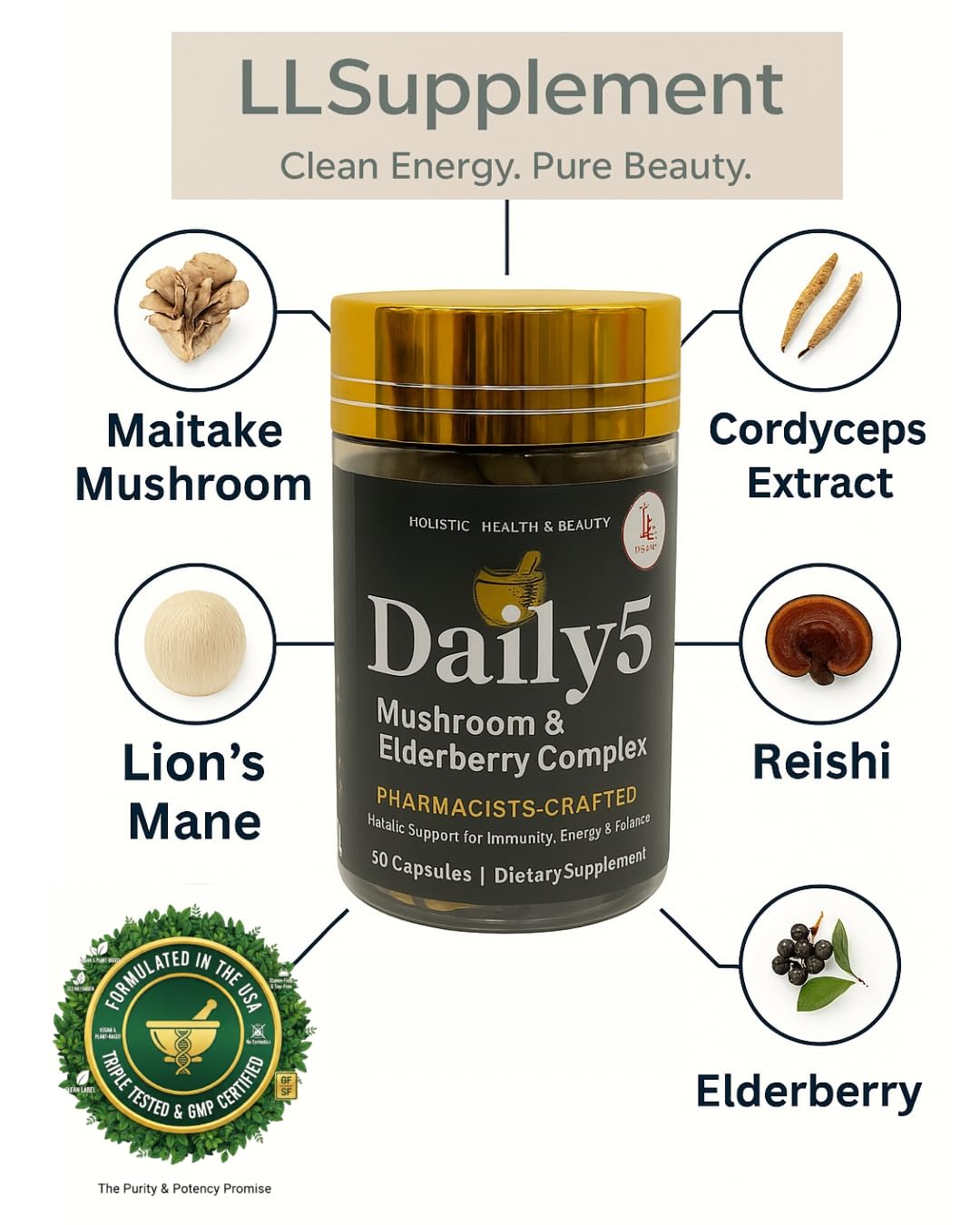 LL Supplement Daily 5 bottle shows vegan gluten-free labeling