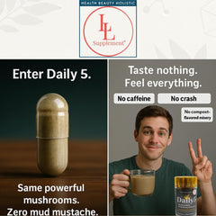 LL Supplement Daily 5 ingredients glass bottle reveals maitake and other mushrooms