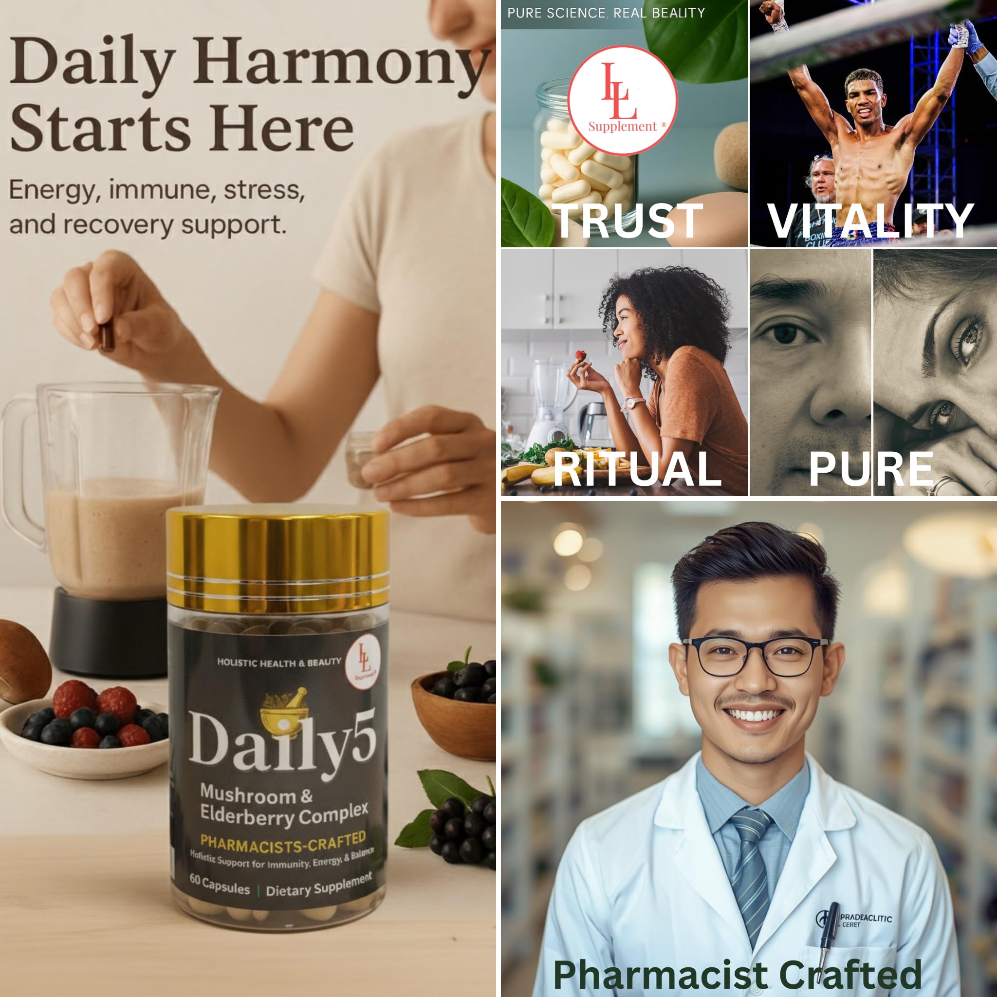 LL Supplement Daily 5 packaging close-up highlighting organic mushrooms