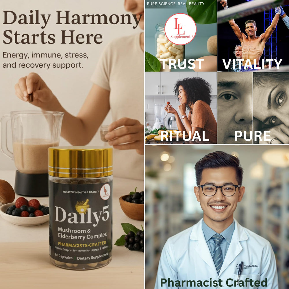 LL Supplement Daily 5 packaging close-up highlighting organic mushrooms
