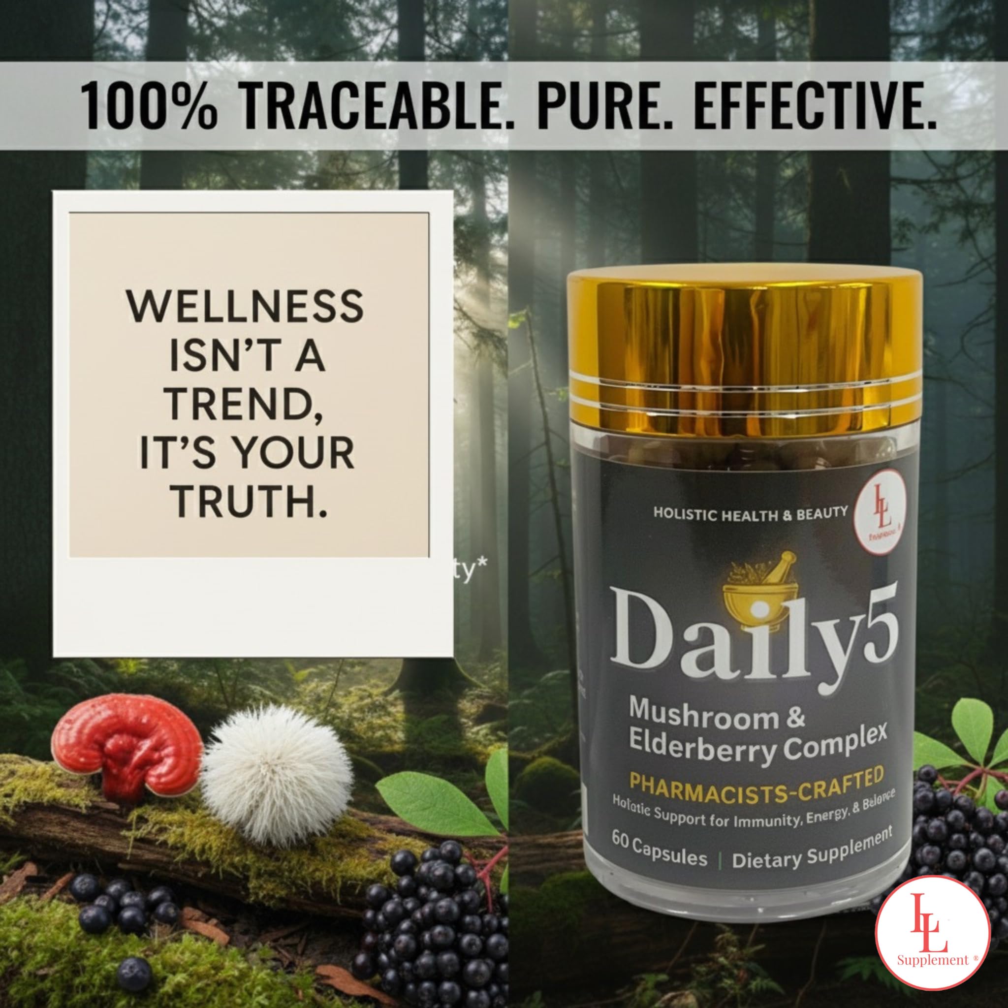 LL Supplement Daily 5 capsules being poured for easy daily use