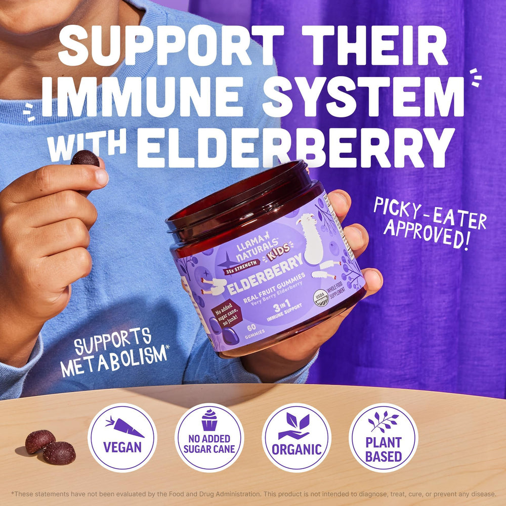 Llama Naturals Elderberry Gummies bottle and spoon—great for family routine at home