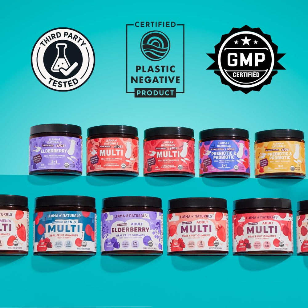 Llama Naturals fruity kids gummies for easy, mess-free wellness.
