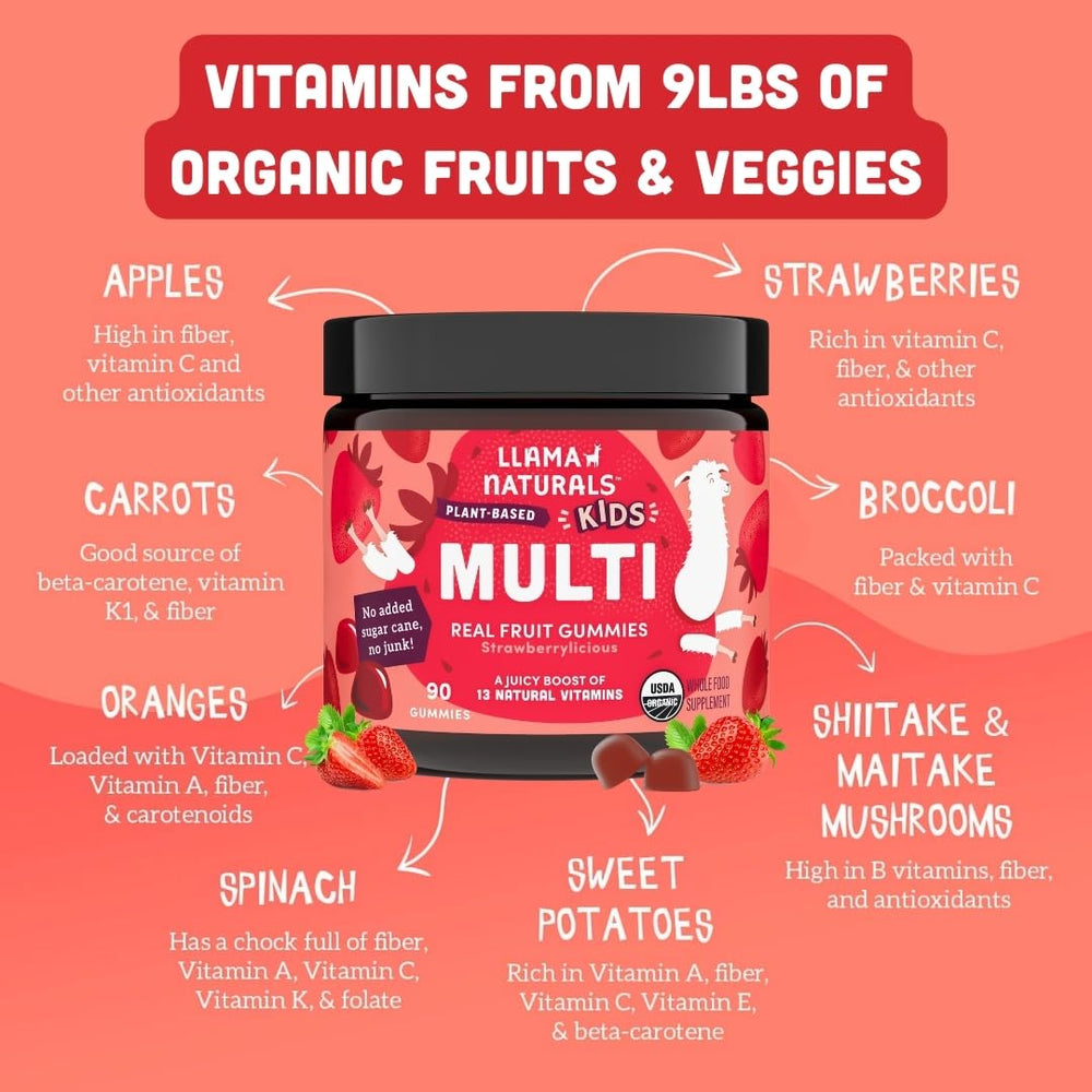 Llama Naturals strawberry gummies; non-GMO vegan formula for everyday vitality.