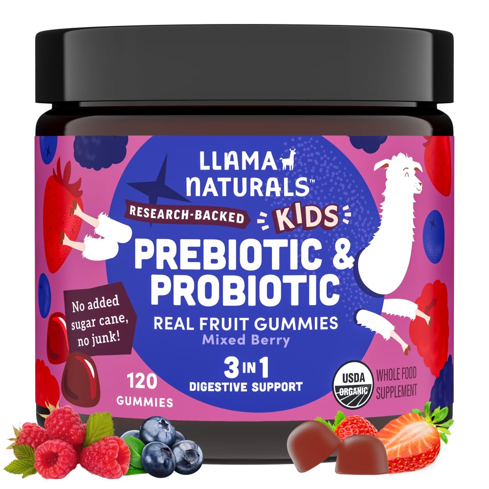 Llama Naturals Kids Probiotic bottle with mixed-berry gummies for daily gut balance.