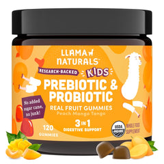 Llama Naturals kids probiotic peach mango gummies for gut health support.