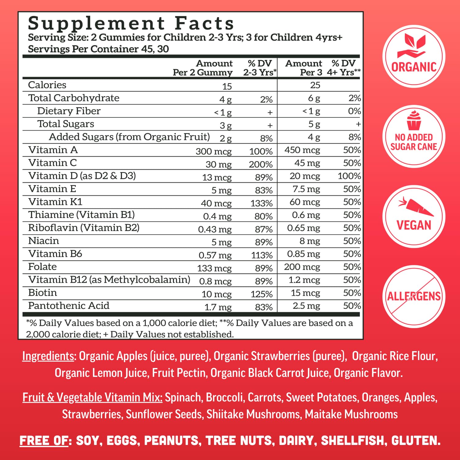 Llama Naturals organic fruit ingredients; plant-based vitamins from real fruit.