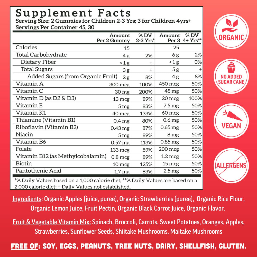Llama Naturals organic fruit ingredients; plant-based vitamins from real fruit.