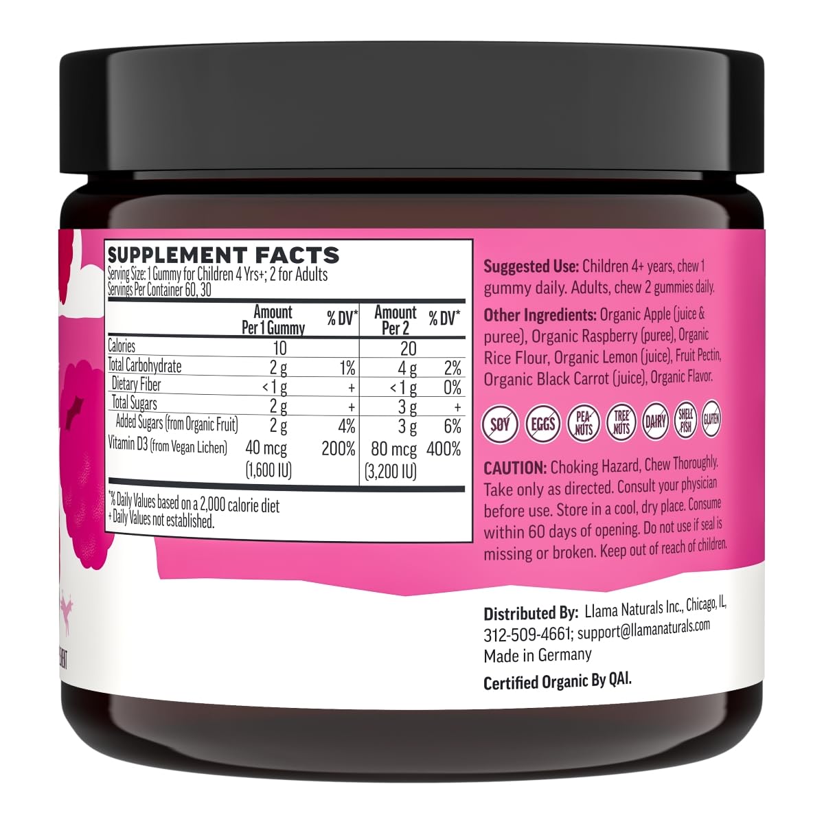 Llama Naturals real fruit gummies with raspberry taste for picky eaters