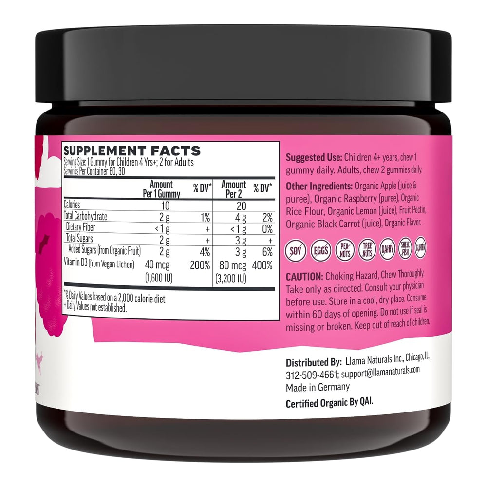 Llama Naturals real fruit gummies with raspberry taste for picky eaters