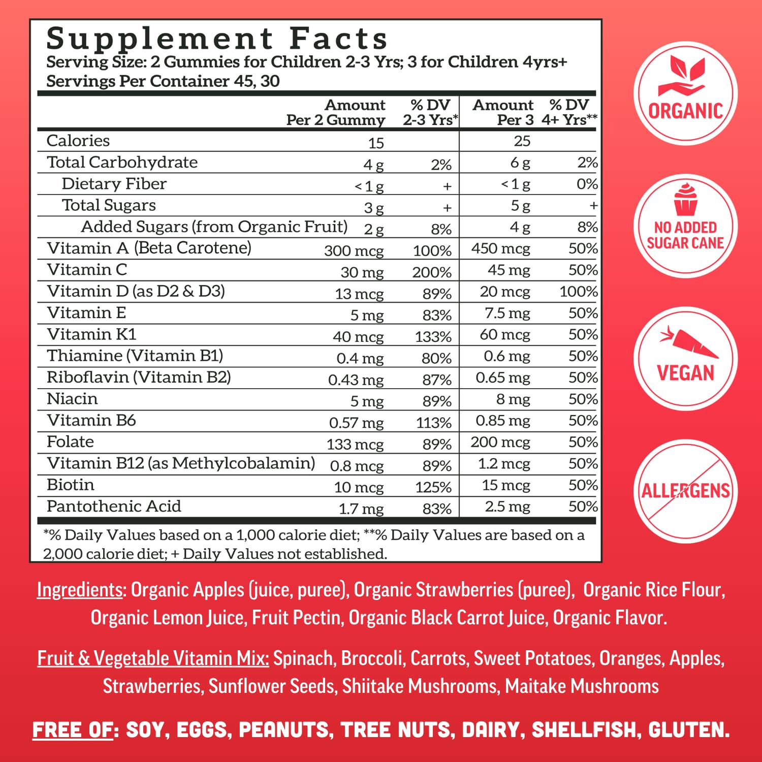 Llama Naturals real fruit and vegetable ingredients highlight whole-food vitamins.