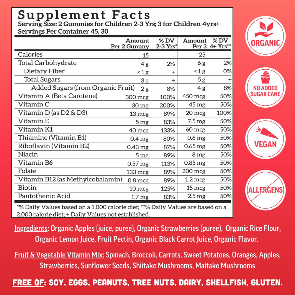 Llama Naturals real fruit and vegetable ingredients highlight whole-food vitamins.